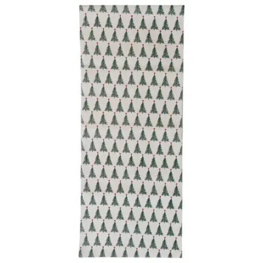 [180338-TT] Stonewashed Cotton Table Runner with Christmas Trees Natural 72inx14in