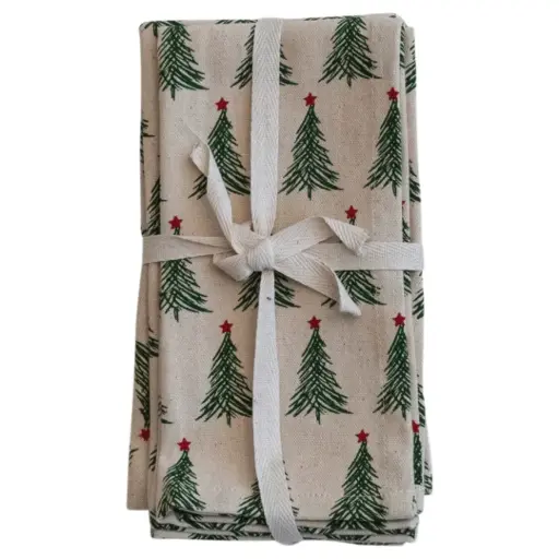 [180339-TT] Stonewashed Cotton Napkins with Christmas Trees Natural 18in 4pc