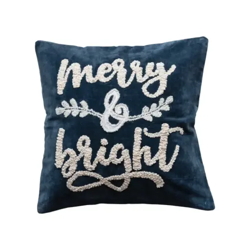 [180340-TT] Cotton Velvet "Merry & Bright" Embroidered Pillow Navy & White 18in