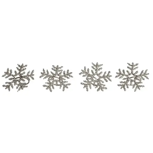 [180347-TT] Metal & Glass Beaded Snowflake Napkin Rings Silver 4pc
