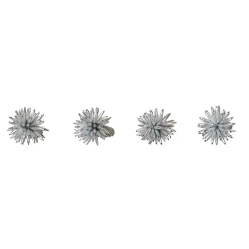 [180348-TT] Handmade Glass Beaded Metal Snowflake Napkin Rings Silver 4pc