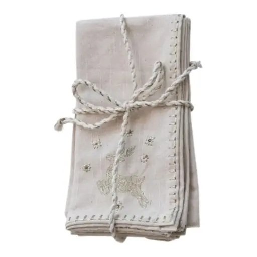 [180352-TT] Blanket Stitch Cotton Napkins with Embroidered Deer Natural 18in 4pc