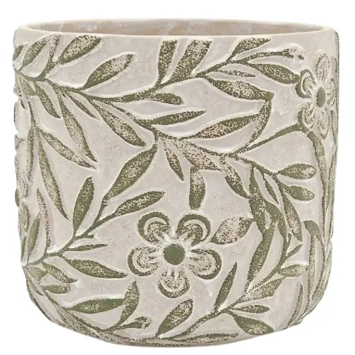 [180865-TT] Motif Planter Grey with Green Floral Design 6.5in