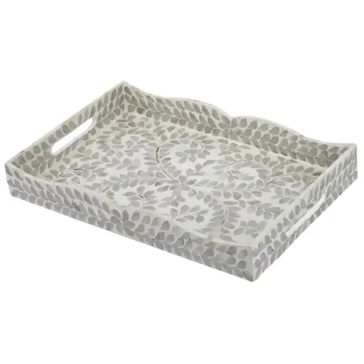 [180887-TT] Floral Capiz Scalloped Tray White 18x12in