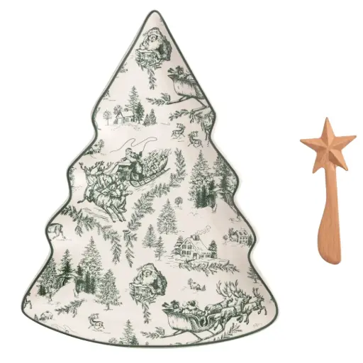 [180939-TT] Toile Platter Tree Set Green 2pc 12x9.25in