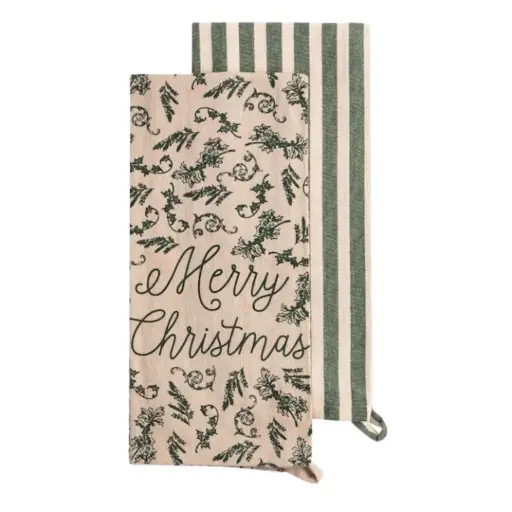 [180941-TT] White Christmas Pine Sprig Kitchen Towel Set 2pc 