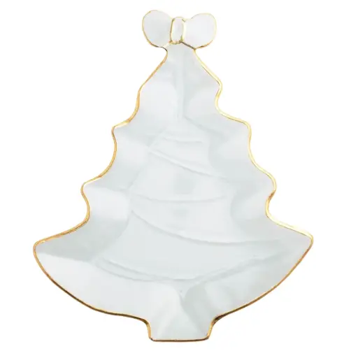 [180965-TT] Gold Edge Bow Tree Glass Platter 12x9.5in