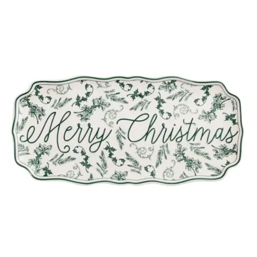 [181000-TT] Toile Tray Merry Christmas Green 4.75x14.5in