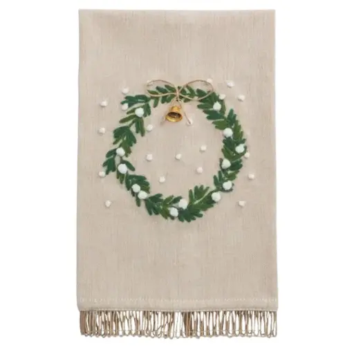 [181003-TT] White Christmas Embroidered Wreath Towel 
