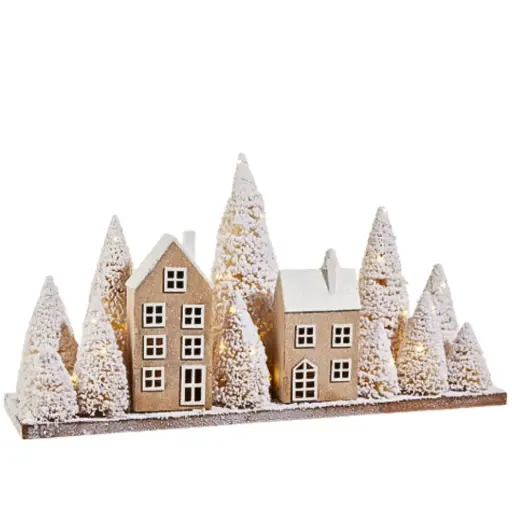[181070-TT] Lighted Snowy Houses with Trees 26in