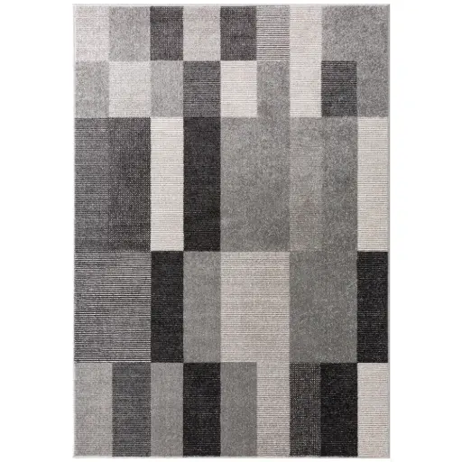 [181131-TT] Grey Beige Charcoal Squares Rug 5.3×7.7ft