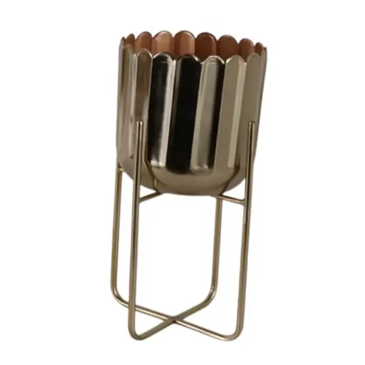 [182207-TT] Scallop Metal Planter on Stand Gold 15in