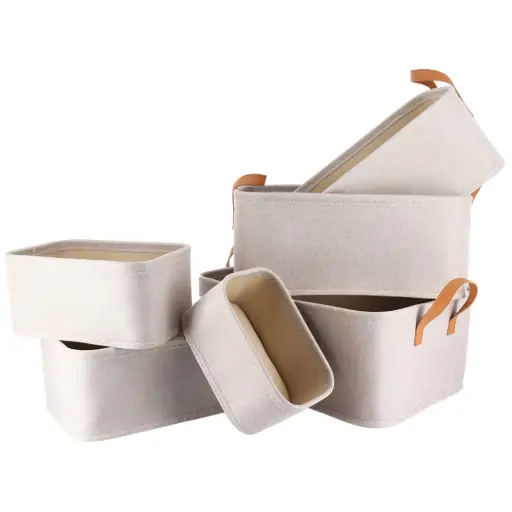 [182364-TT] Fabric Storage Baskets Set Beige 6pc