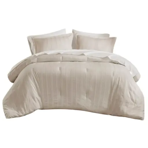[182487-TT] Logan Striped Reversible Pintuck Pleated Queen Comforter Set Neutral