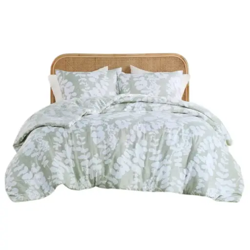 [182496-TT] Aria Floral Print Reversible Queen Comforter Set Sage