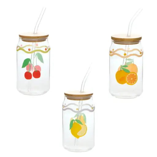 [182754-TT] Glass Tumbler Fruit Print with Straw 520ml