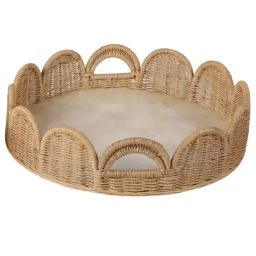 [182862-TT] Woven Scallop Tray with Capiz Bottom Ivory Tan 20in