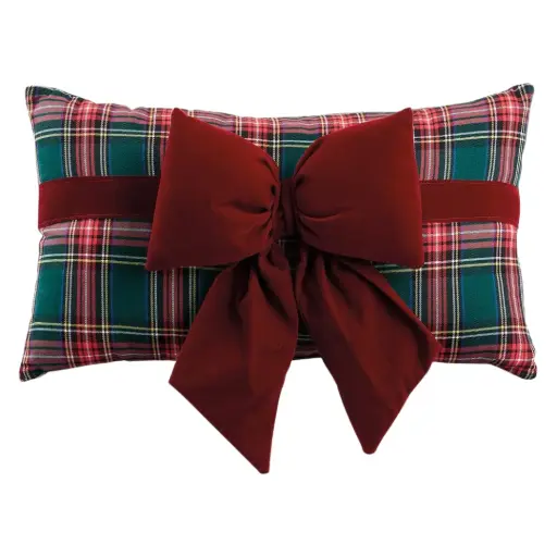 [183070-TT] Plaid Pillow with Velvet Bow Red & Green 8x18.5in
