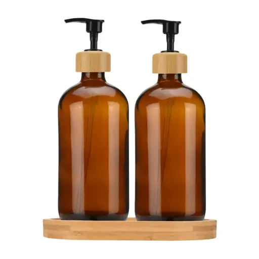 [183134-TT] Glass Dispenser with Bamboo Tray Tinted 3pc