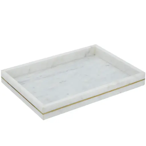 [183389-TT] Marble Tray With Brass Inlay White 15x11in