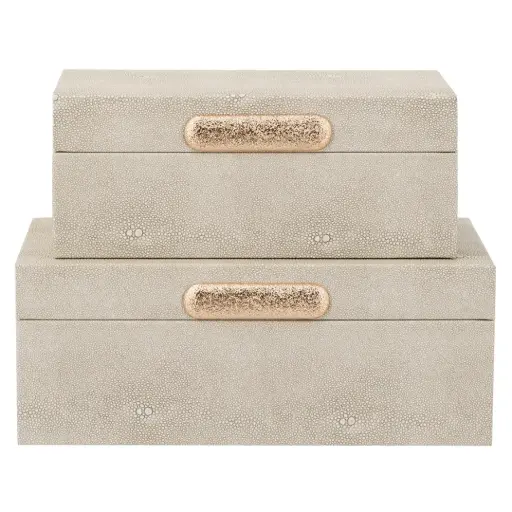 [183393-TT] Faux Leather Storage Boxes With Gold Handle Grey 2pc