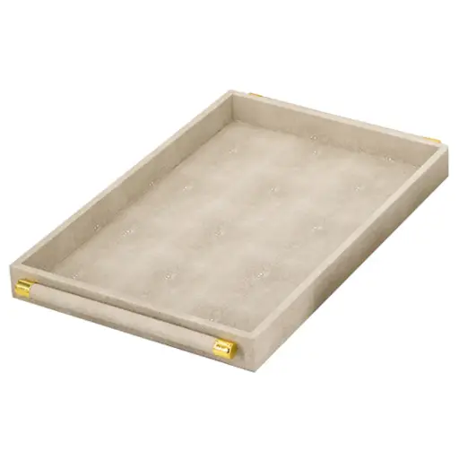 [183395-TT] Faux Leather Tray With Gold Handle Grey 19.5x12in