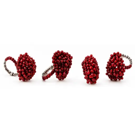 [183786-TT] Beaded Tree Napkin Ring Set Red 4pc