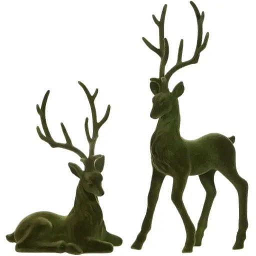 [183845-TT] Flocked Deer Set Green 21in 2pc