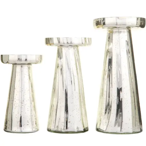 [183848-TT] Mercury Glass Candle Holder Set Silver 3pc