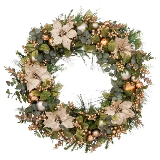 [183903-TT] Wreath with Poinsettia and Baubles Champagne & Silver 26in