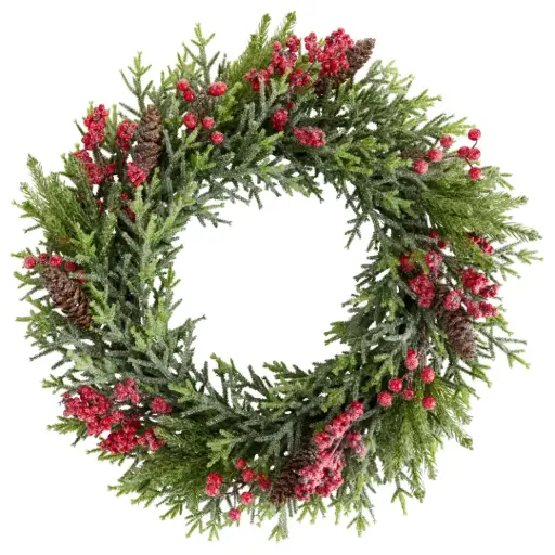[184703-TT] Iced Cedar Wreath with Red Berries 24in