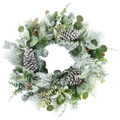 [184706-TT] Frosted Mixed Greenery Wreath with Pinecones 26in