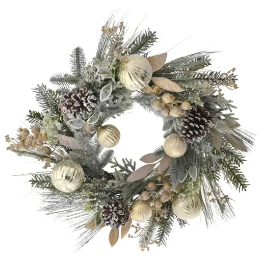 [184878-TT] Frosted Wreath with Berries & Baubles Gold 21in