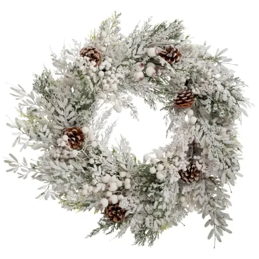 [184880-TT] Snowy Wreath with Berries & Pine Cones 21in