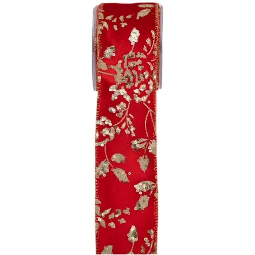 [184887-TT] Ribbon with Spangly Branches Red 2.5inx5yd