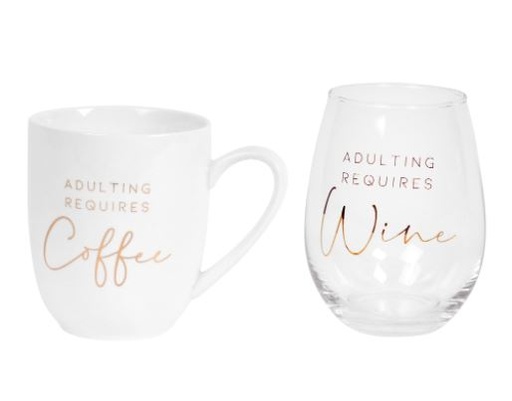 [162517-TT] Adulting Requires Requires Coffee Mug and Wine Glass Set