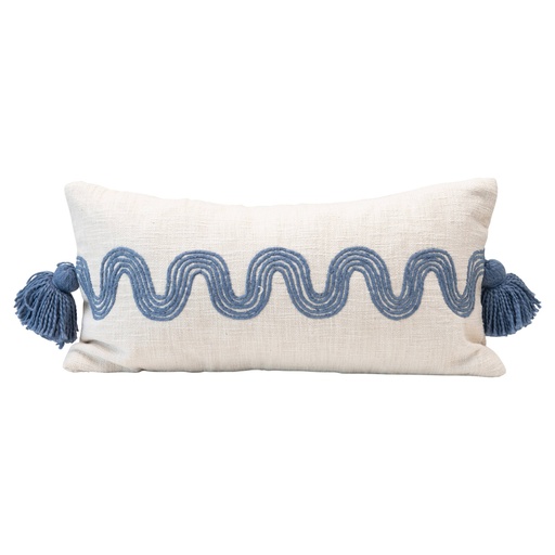 [163699-TT] Embroidered Blue Bolster Pillow w Tassels 24"L x 12"H