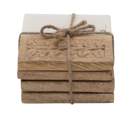 [164964-TT] Marble and Hand-Carved Wood Coasters, Set of 4