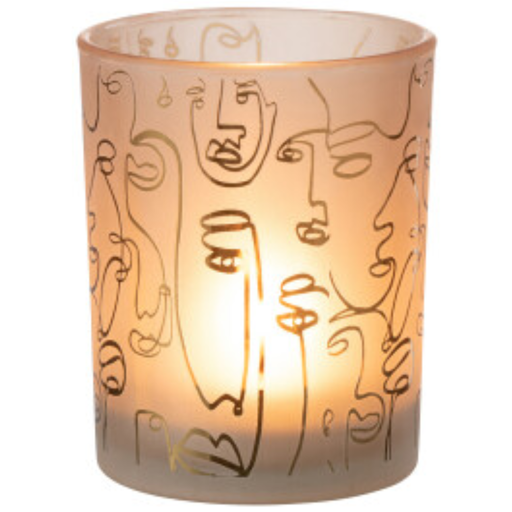 [165272-TT] Happy Faces Glass Candleholder Beige 5in