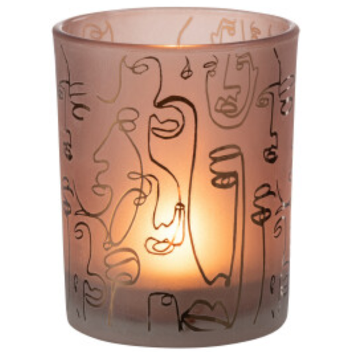 [165275-TT] Happy Faces Glass Candleholder Terracotta 5in
