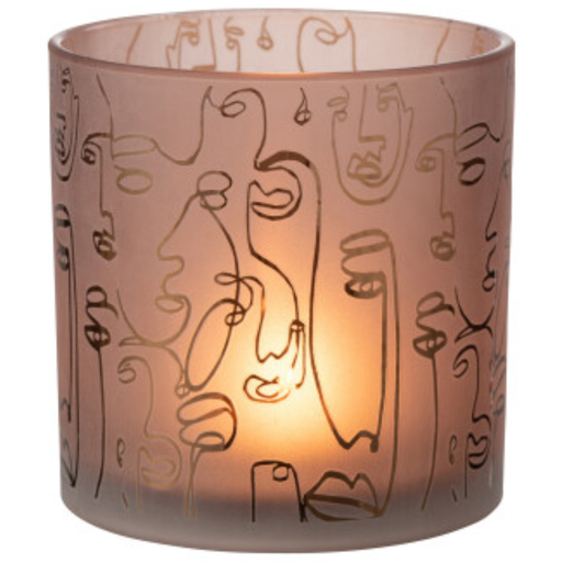 [165276-TT] Happy Faces Glass Candleholder Terracotta 6in