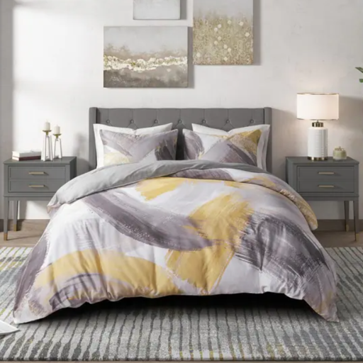 [166544-TT] Andie Cotton Printed Queen Comforter Set Grey and Yellow