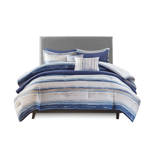 [157589-TT] Marina 8 Piece Printed Seersucker Comforter and Coverlet Set Queen Collection Blue