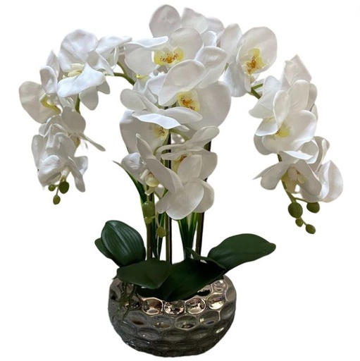 [167076-TT] White Phalaenopsis Orchid in Hammered Metal Pot 19in